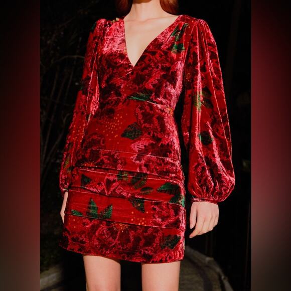 Farm Rio Red Shiny Flowers Mini Dress - Picture 5 of 9